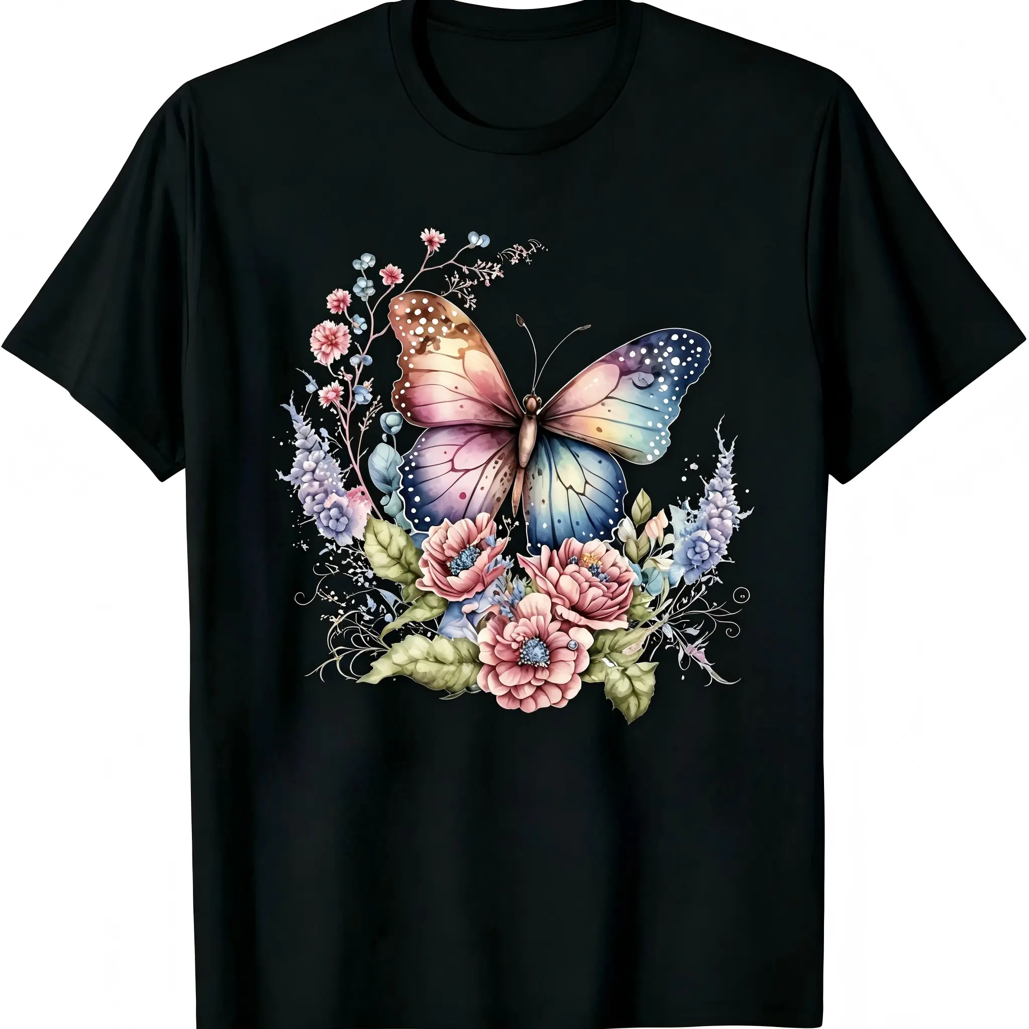 Watercolor Butterfly Peony Lavender Floral T-Shirt for Men Women – Stretch Cotton Crew Neck Short Sleeve, Soft Curly Vine Botanical Wreath Tee, Regular Fit Cottagecore Streetwear, All Season Wear, Spring Garden Gift, Machine Washable