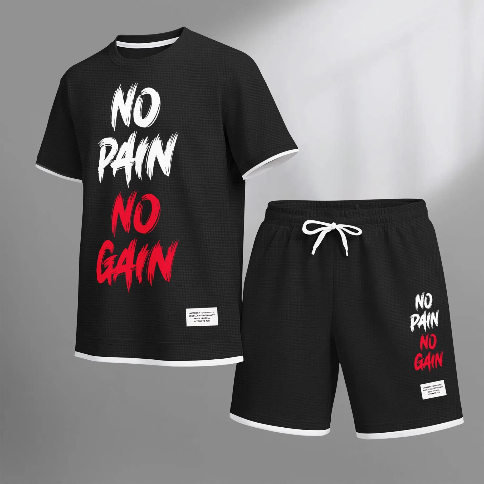 Men's Menswear 2-Piece Set, Loose-Fit Waffle Knit Streetwear with 'No Pain No Gain' Graphic Short Sleeve Shirt & Shorts for Gym or Vacation, Fabric, Polyester, Sports, Baggy, Casual, Loose-Fitting, Oversized, Pants, Bundle Shorts & Top Sets