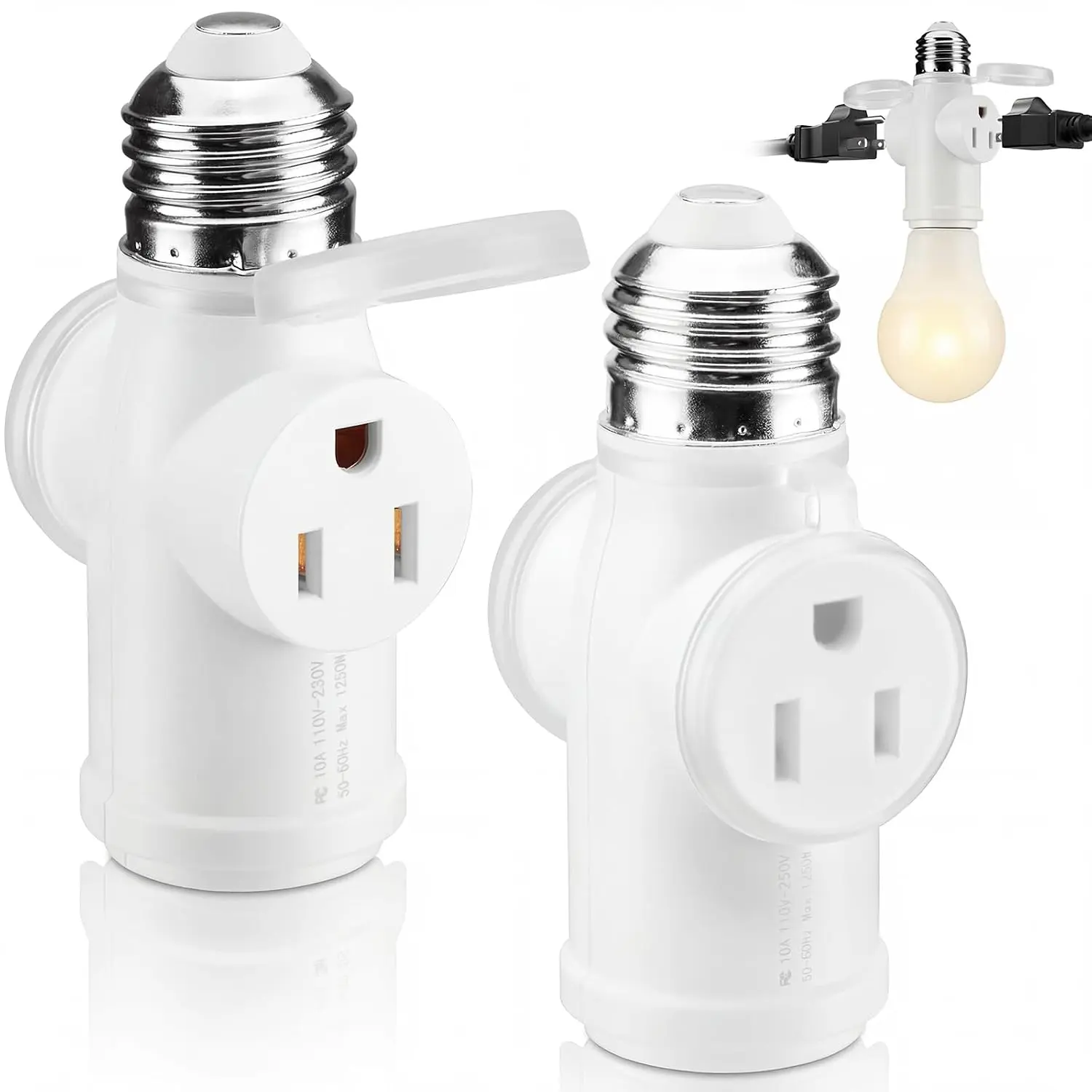 2-Pack E26 Light Socket Outlet Adapter, 2 Outlets & Bulb Socket | Keeps the E26 bulb socket  while adding 2 capped outlets for cameras, holiday lights, and other low-draw devices.