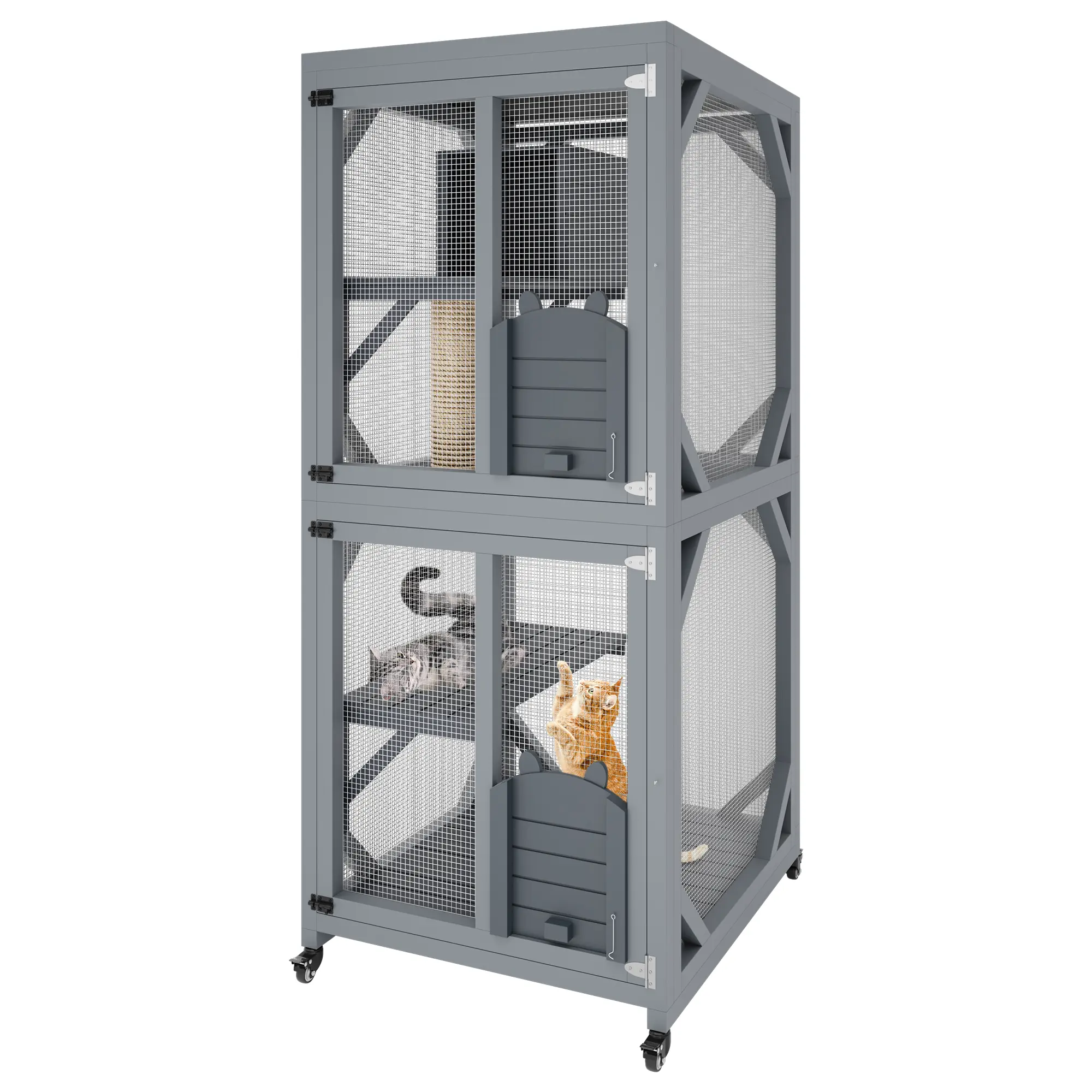4-Tier Outdoor Catio with Wheels – 68" Weatherproof Metal Enclosure, Platforms, Rest Box & Scratching Post for 1-3 Cats, Portable Cat House for Patio/Balcony