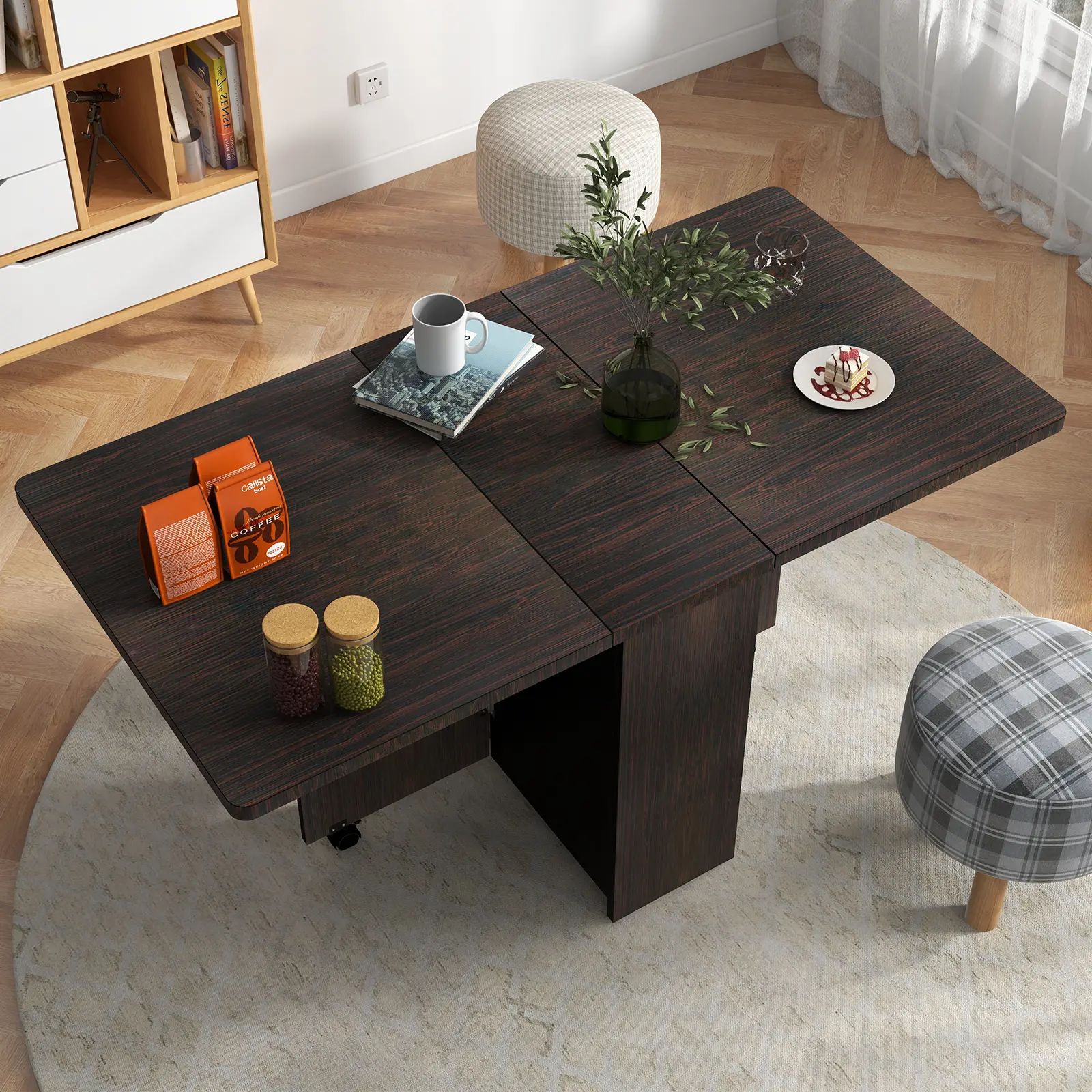 Viral Space-Saving Table! Drop Leaf Expandable Dining Desk with Storage Shelf & 6 Wheels. Folds Compact, Seats 4. Perfect for Small Apartments & Kitchens. Dark Walnut & White