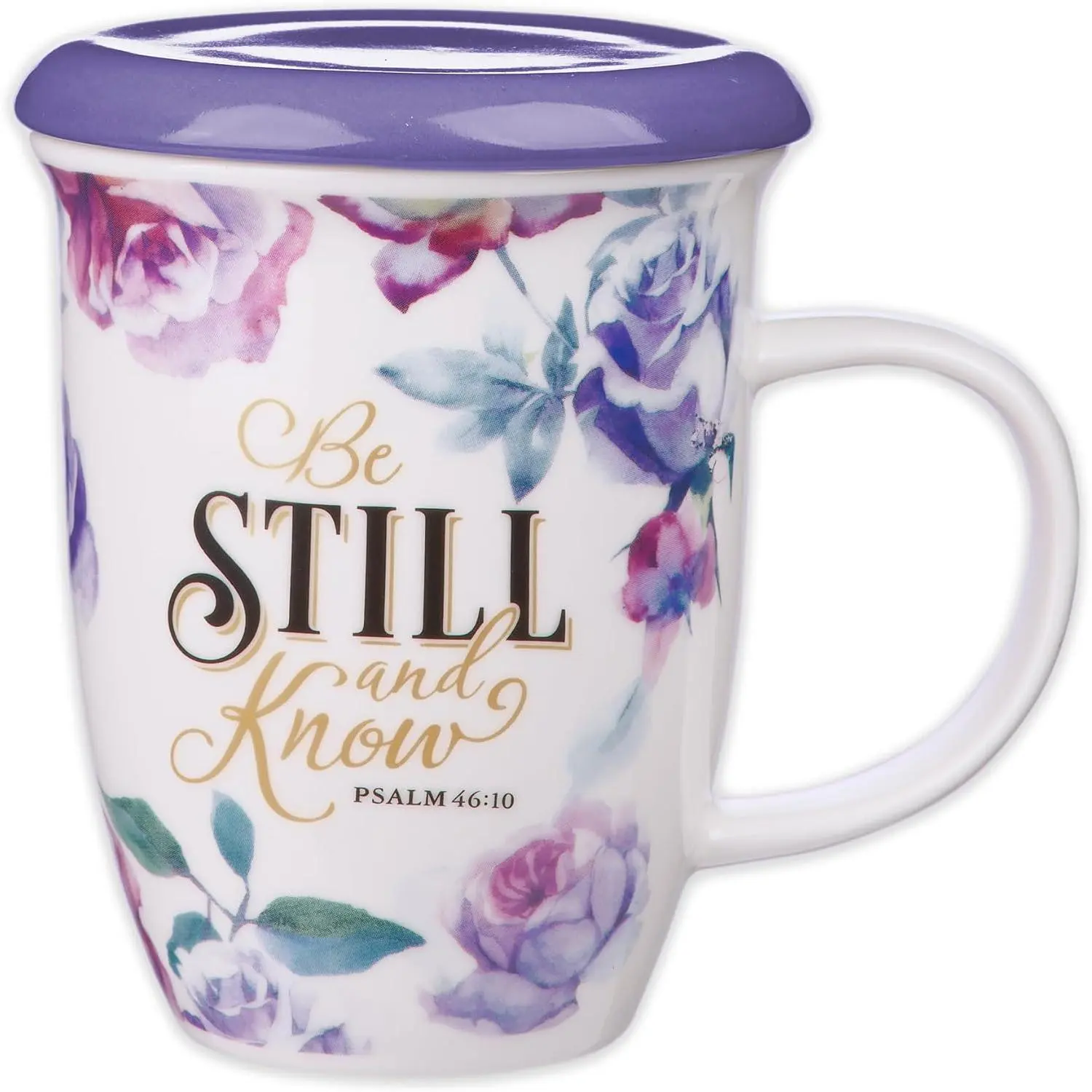 Rose Floral Ceramic Coffee Mug with  Lid – 13 oz. Lead and Cadmium-free Inspirational Scripture Coffee and  Mug for Women with  Verse: Be Still and Know – Psalm 46:10