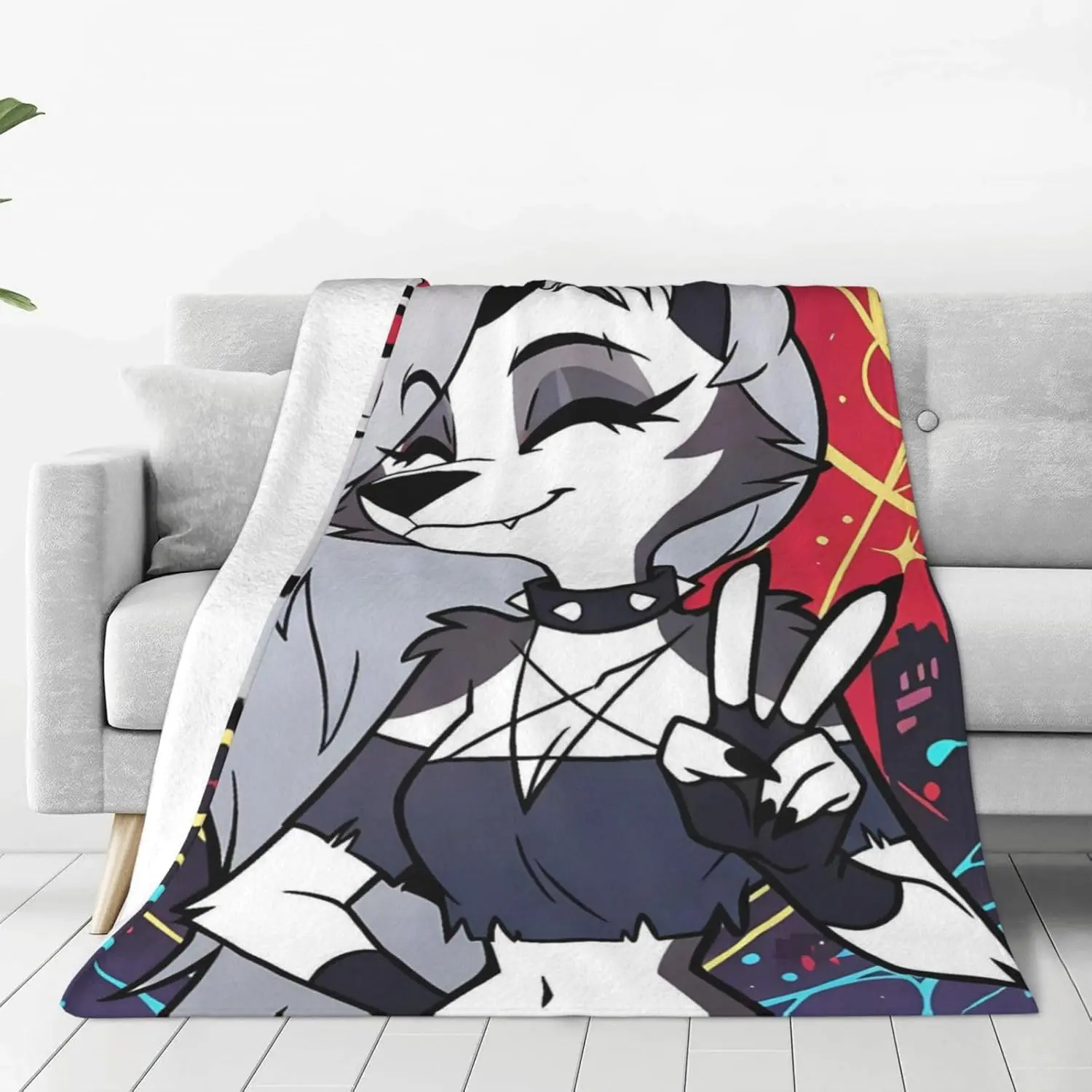 Helluva Boss Central Winking Loona Two-Finger Peace Sign Neon Red Purple City Silhouette Background Flannel Throw Blanket Furry Anime Female Character Fan Soft Warm Blanket Gift for Neutral Teen Fans All Ages