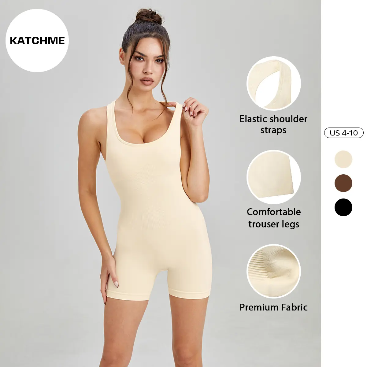 KatchMe Women's Sporty Solid Color U Neck Seamless Stretchy Playsuit, Comfort Sport & Outdoor Clothing, Basic Minimalist Sleeveless Bodycon Shapewear