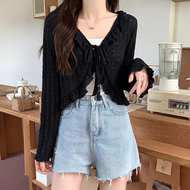 Elegant and Lightweight Lace-up Cardigan-Breathable Chiffon Shawl, Ruffles, Long Sleeves, Sun Protection-Spring/Women's Summer Top, Soft Blue, White, Cream, Pink, Black Fitted Knitwear Womenswear Basic Beige Casual