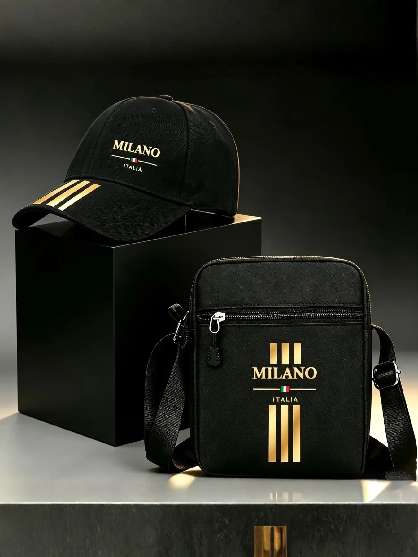 2pcs Milan Letter Print Baseball Caps and Crossbody Bags, Adjustable Street Fashion Outdoor Sports Hats, Perfect for Daily Wear and Gifts