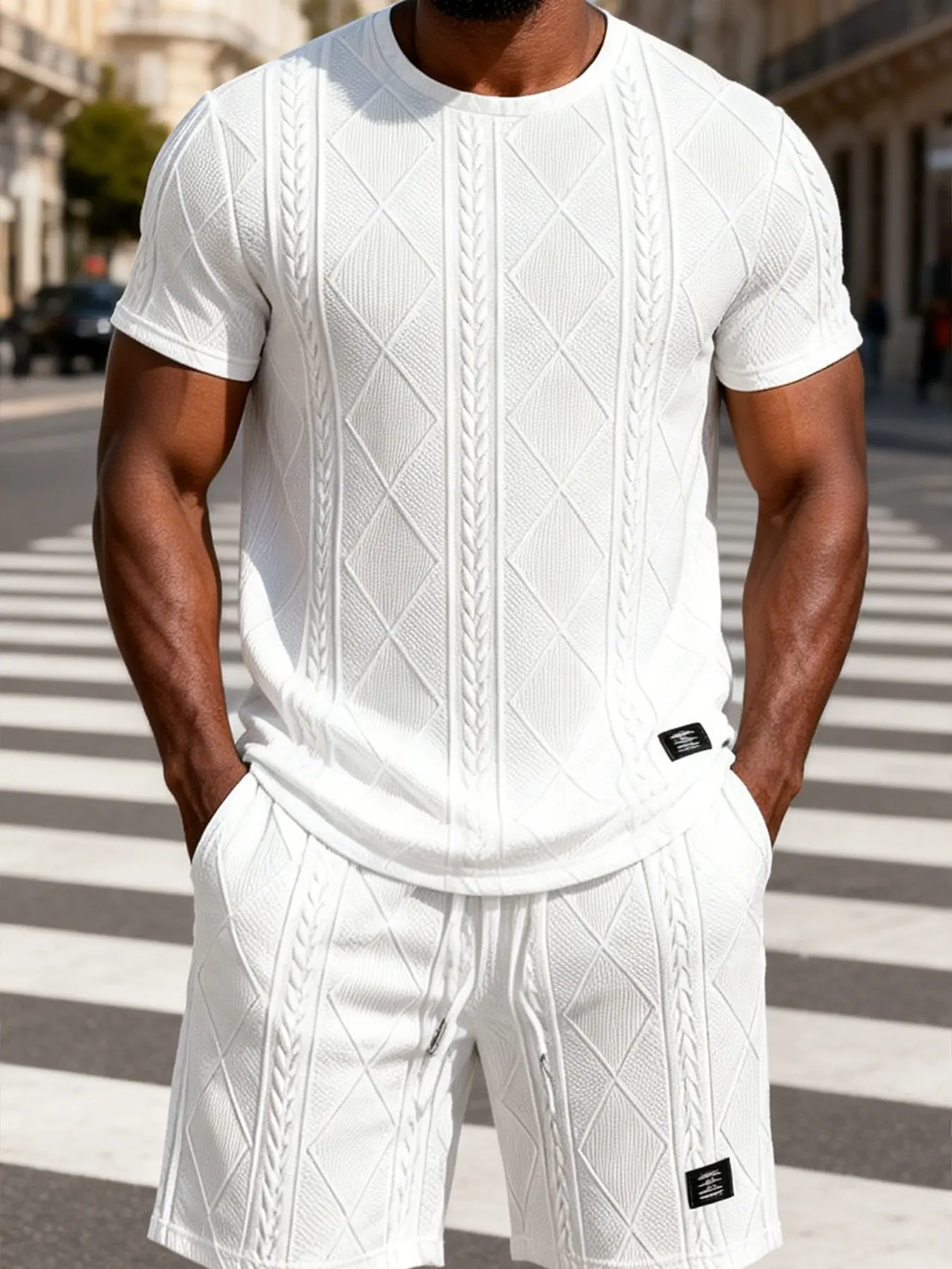 Summer Men 2 Piece Matching Tracksuit, 3D Cable Diamond Embossed Textured Crew Neck T-Shirt + Elastic Waist Drawstring Casual Shorts, Soft Breathable Knit Outfit For City Holiday Daily Street Style Home Wear