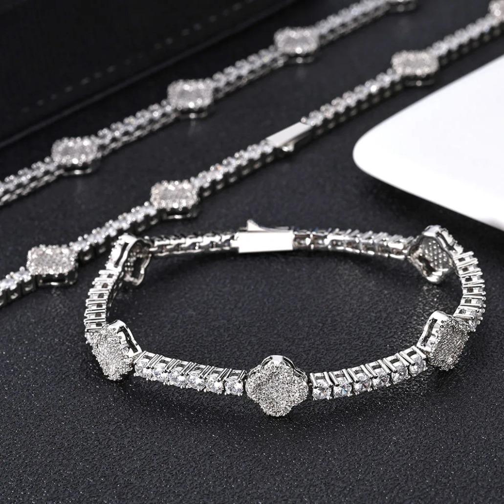 Luxury Iced Out Flower Necklace Bracelet Set Diamond Bling Jewelry for Women Gold Silver Chain Set