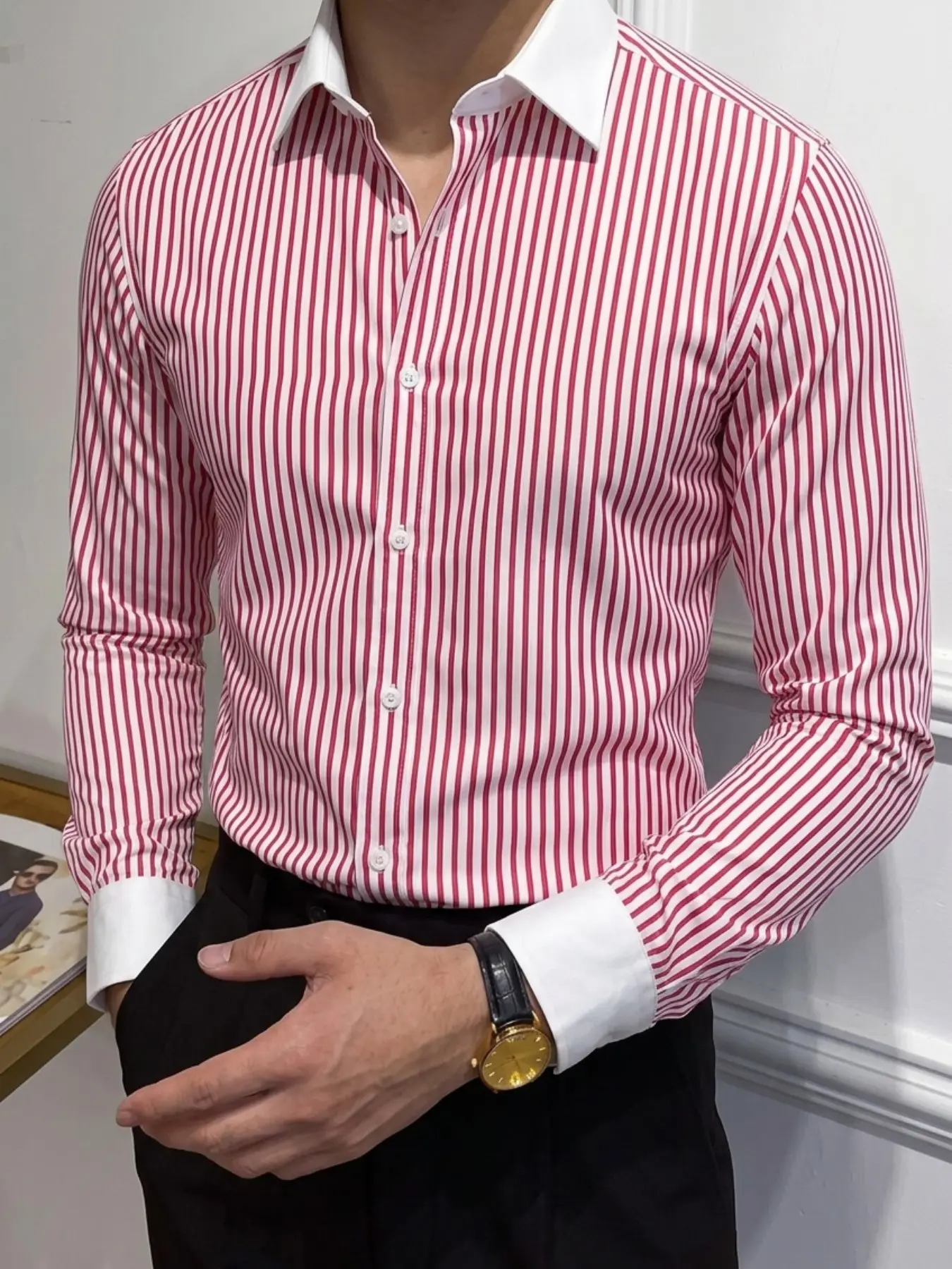 Men's Striped Shirt Button Up Shirt Casual Button Down Shirts Cs8036, Anti-Wrinkle Quick-Dry Fabric, Double Button Woven Material, Fitted Style for All Seasons