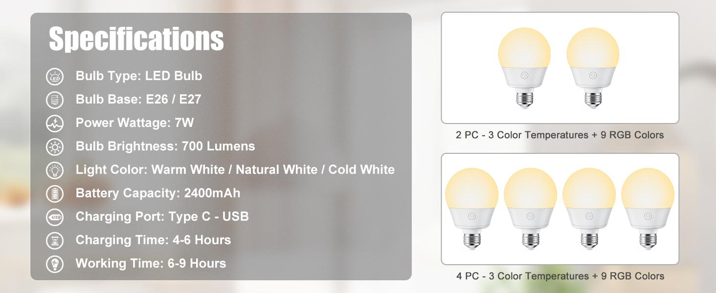 E26 Rechargeable LED Light Bulb Emergency Bulb with Remote and Timer, Battery Backup Bulb for Sconces and Lamps, Magnetic Bulbs for Non-Hardwired Fixture, 3 Color Temperatures CCT RGB Colors, Dimmable