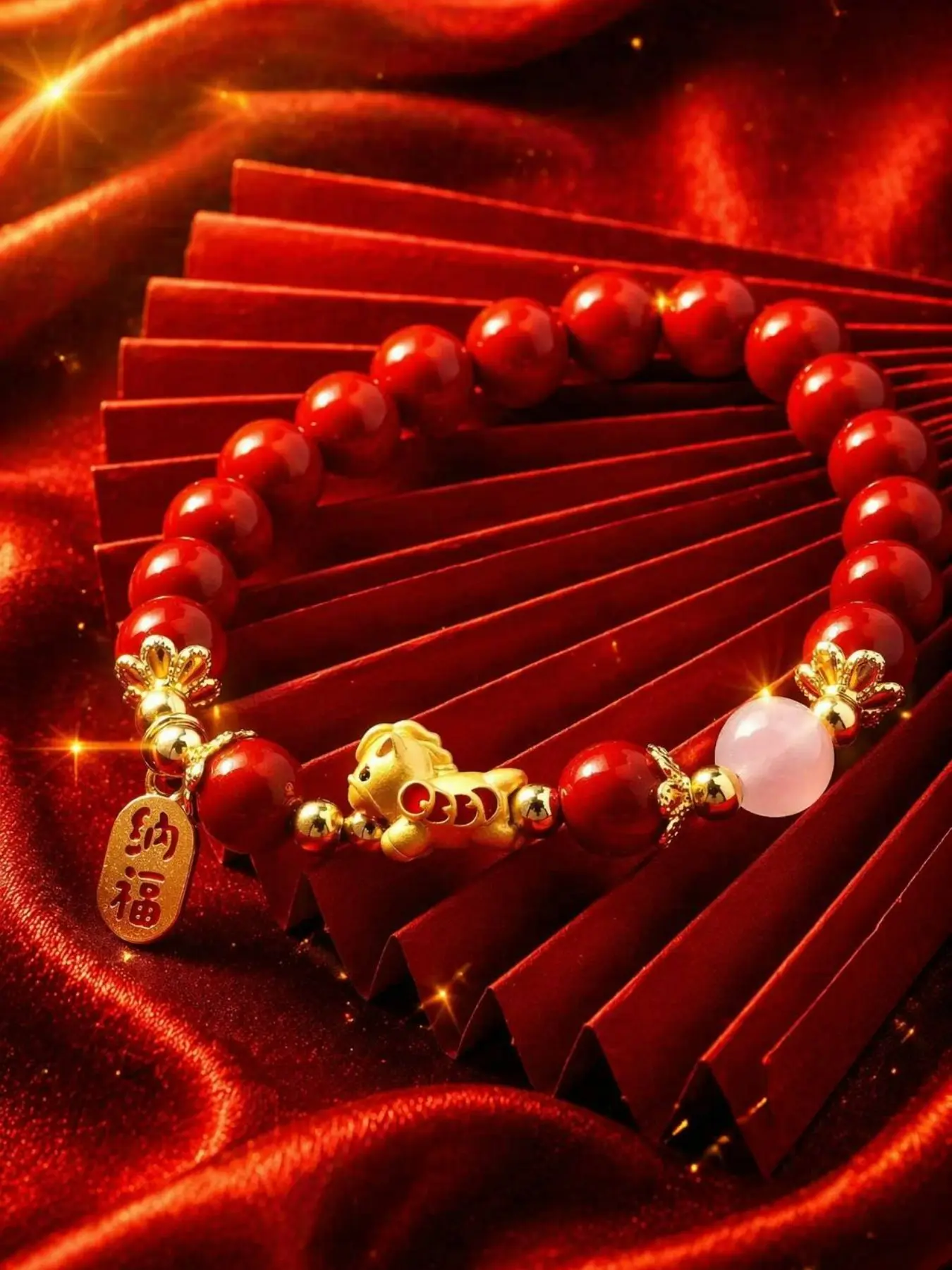 Natural Cinnabar Horse Charm Bracelet Blessing Tag Jade Bead Lucky Fortune Bracelet Chinese Zodiac Horse Wealth Bracelet Women Men Daily Fashion Jewelry Gift