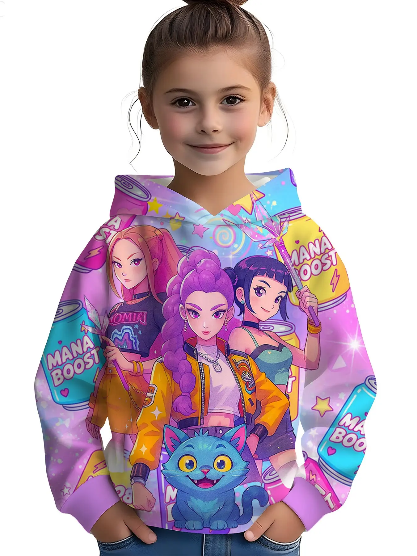 Girls' Spring Fall Fashion Comfortable Graphic Hoodie Sweatshirt, Anime Print, Loose Fit, Durable, Perfect for Christmas Gifts