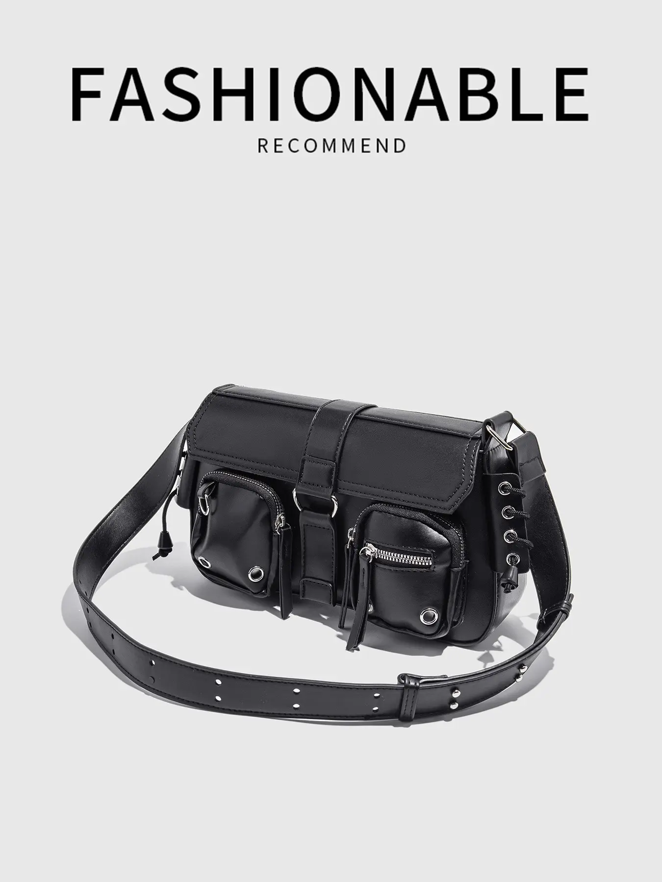 High-End Multi-Pocket Motorcycle Bag, Unique Original Crossbody Shoulder Bag, PU Material, All Seasons, Random Print Design