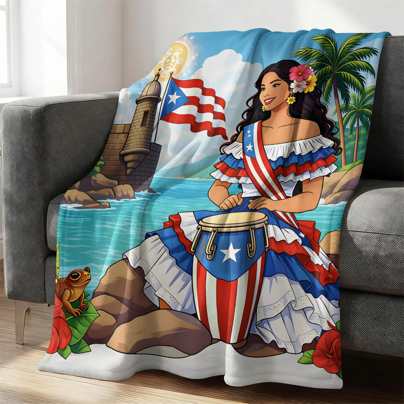 Puerto Rican Traditional Conga Drum Island Print Flannel Blanket, Cartoon Print With Coqui Frog, National Flag & Coconut Tree Latin Folk Elements, Long-lasting Wash-proof Digital Print, For Sofa Car Office, Warm Gift ForPuerto Ricans