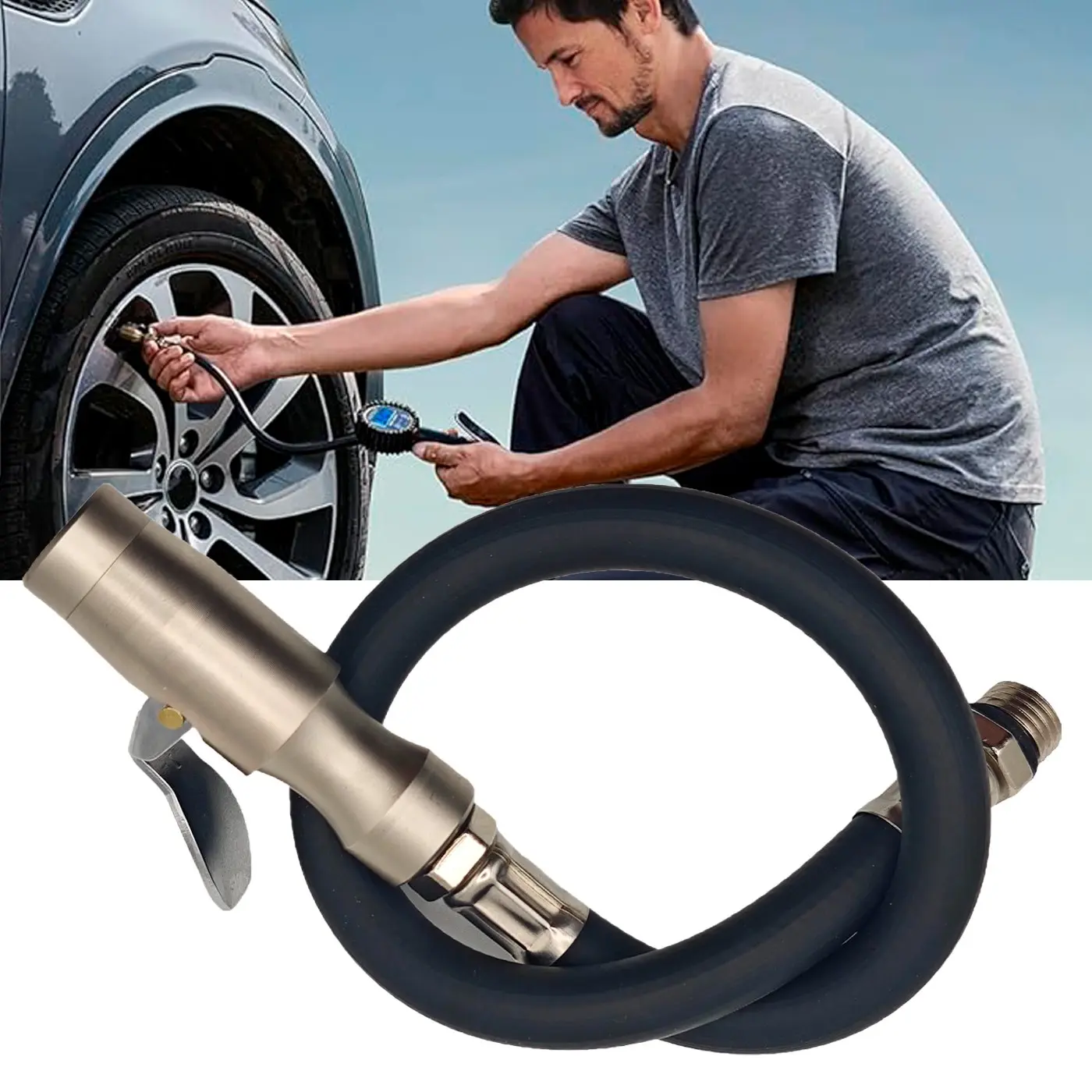 Locking Air Chuck With Hose, Heavy Duty Two Steel Jaws Lock on Air Chuck for Any Schrader Valve Tire