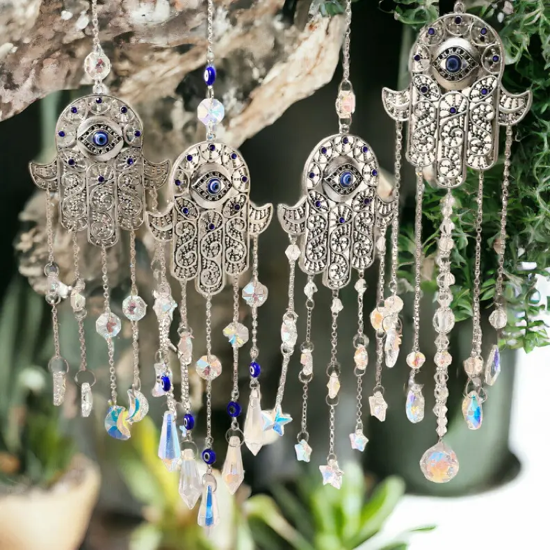 Hamsa Hand Evil Eye Crystal Suncatcher Rainbow Maker, AB Iridescent Prism Window Hanging Ornament, Metal Filigree Pendant Decor for Home Window Balcony, 5 Styles Moon Star Teardrop Crystal Available