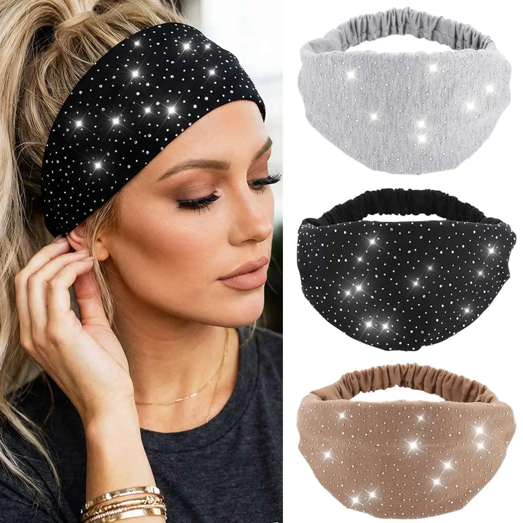 Rhinestone Headband Black Wide  Wraps  Bling Headbands Elastic  Turban Stylish Yogo Exceise Hair Accessories for Women and Girls (Pack of 3)