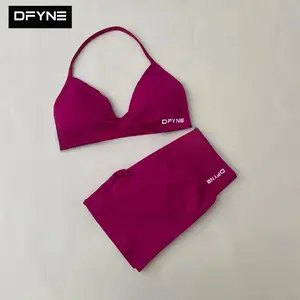 DFYNE Seamless 2 Piece Gym Set - Padded Halter Triangle Bra & Tummy Control Yoga Shorts | Women's Biker Shorts Outfit