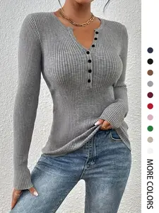 Women's Plain Button Front Ribbed Sweater Tops, 2025 Elegant Chic Slim Fit Long Sleeve Round Neck Jumper Tops for Spring, Fashion Ladies' Knitwear for Daily Wear, Slim Fit Sweater for Women, Sweaters for Women