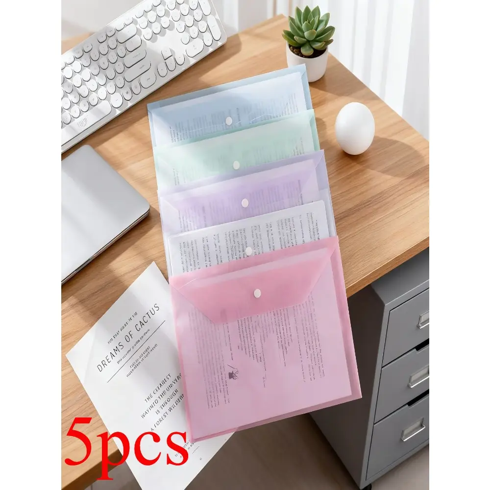5 Pack Pastel 16c Plastic Snap Button File Bags, Transparent Document Envelope Folders, File Organizer