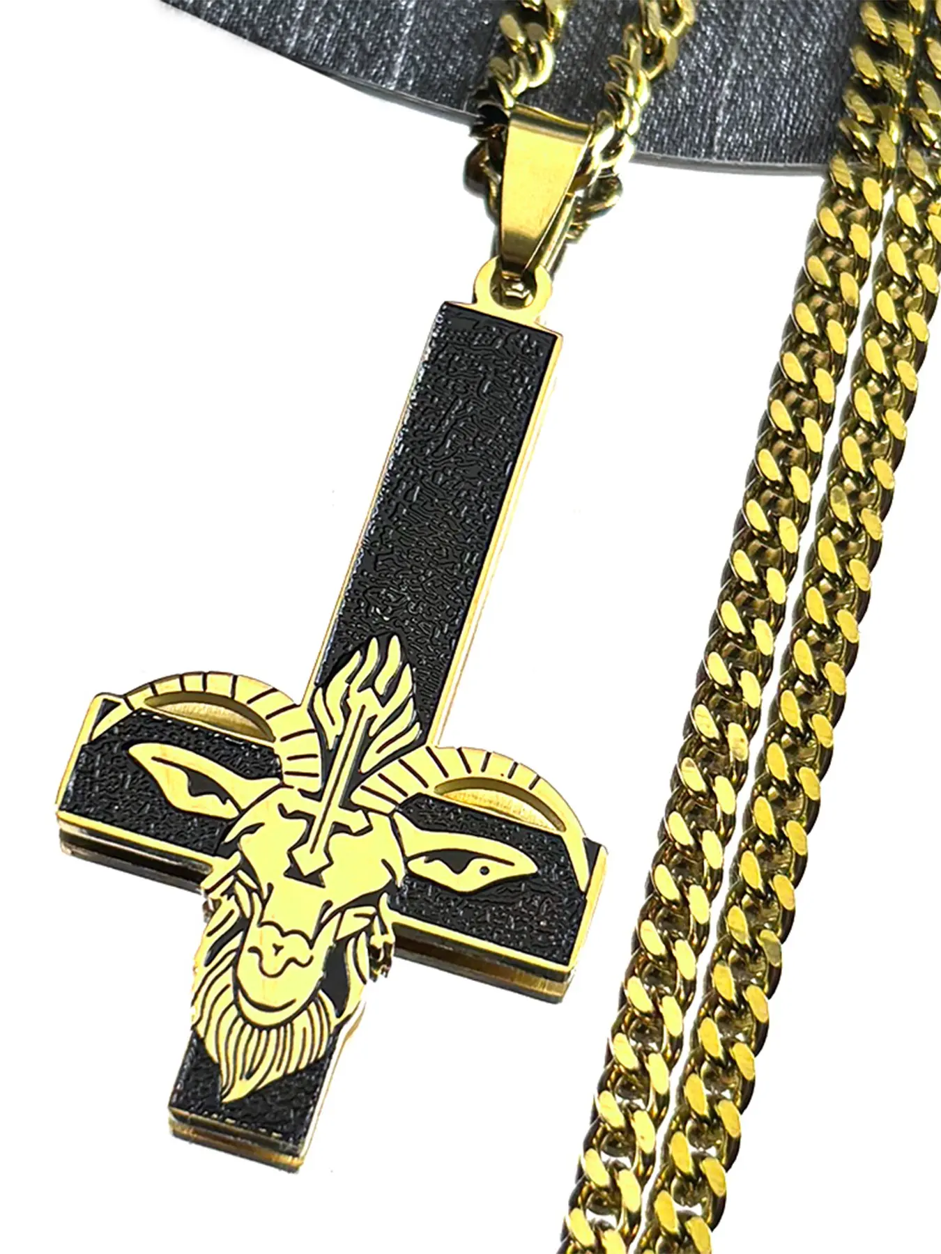 Stainless Steel Baphomet Goat Head Upside Down Cross Witchcraft Pagan Necklace, Gold Color Chain Cross Necklaces