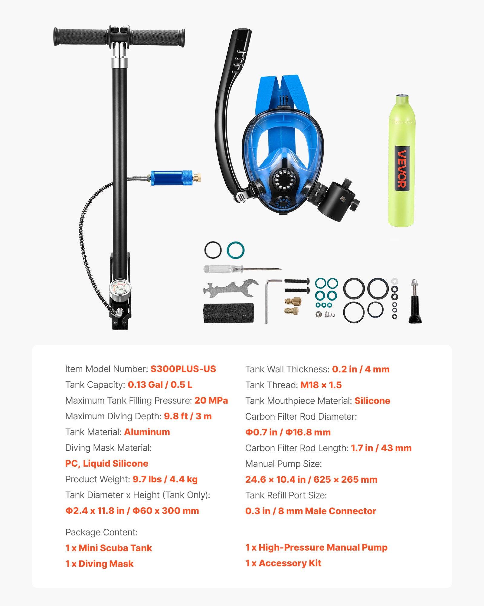 VEVOR Mini Scuba Tank with Sub-Mask, 0.5L Portable Diving Tank for Underwater Breathing, Reusable Lung Diving Cylinder up to 10 Minutes Dive Time, Emergency Rescue Pony Bottle with Pump for Snorkeling VEVOR Mini Scuba Tank with Sub-Mask, 0.5L Portable Diving Tank for Underwater Breathing, Reusable Lung Diving Cylinder up to 10 Minutes Dive Time, Emergency Rescue Pony Bottle with Pump for Snorkeling