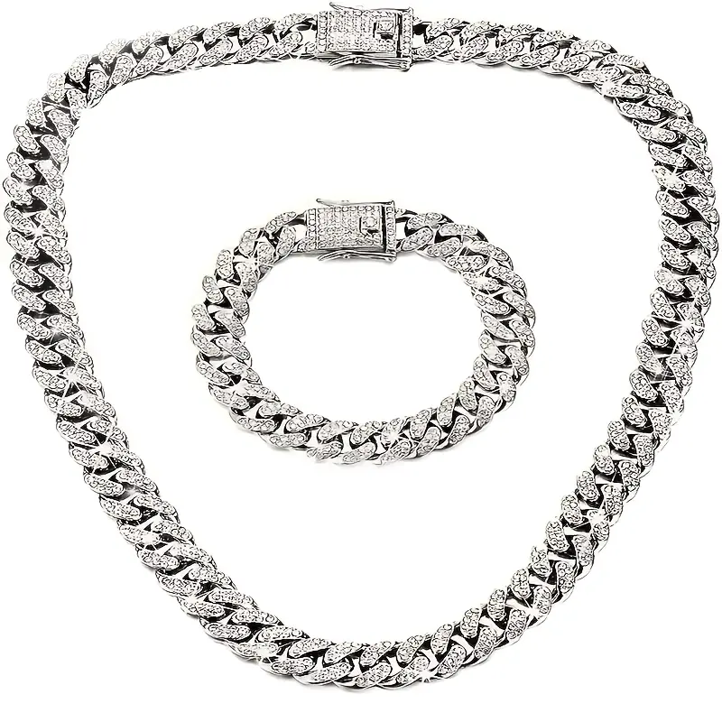 ARTPAGE Perkins-Style Streetwear Silver Cuban Chain 2-Piece Set (Necklace, Bracelet), Fashion, Everyday Gifts, Valentine's Day & Anniversary Gifts, Gifts for Boyfriends, Father's Day, Birthday Gifts, Halloween, Thanksgiving, Christmas, Free Gift Box