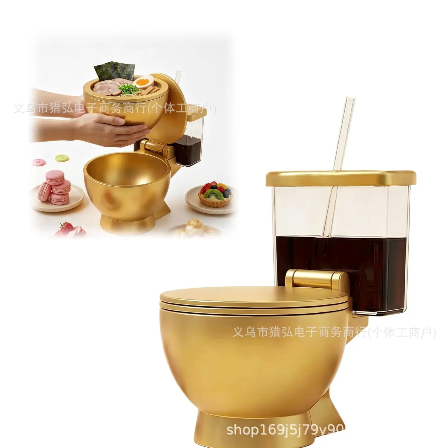 Unique Abstract Gold Toilet-Shaped Tableware Set - Stainless Steel Cutlery, Everyday Combination Dinner Sets with 650ml Water Tank New Interesting Tableware, Dining Bowls, Plates, Drinking Cups