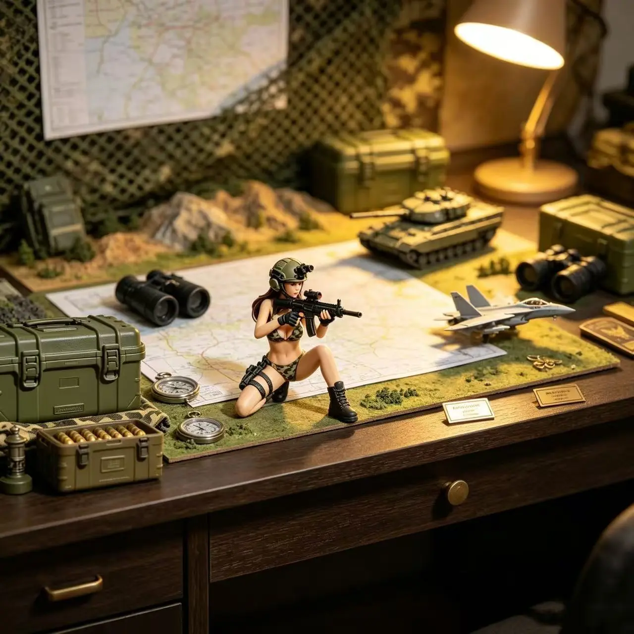 Camouflage Tactical Female Soldier Figurine, Desert Combat Female Gunner Handmade Model, Military Style Desktop Decoration, Resin Craft Collectible, Collectible Figurines