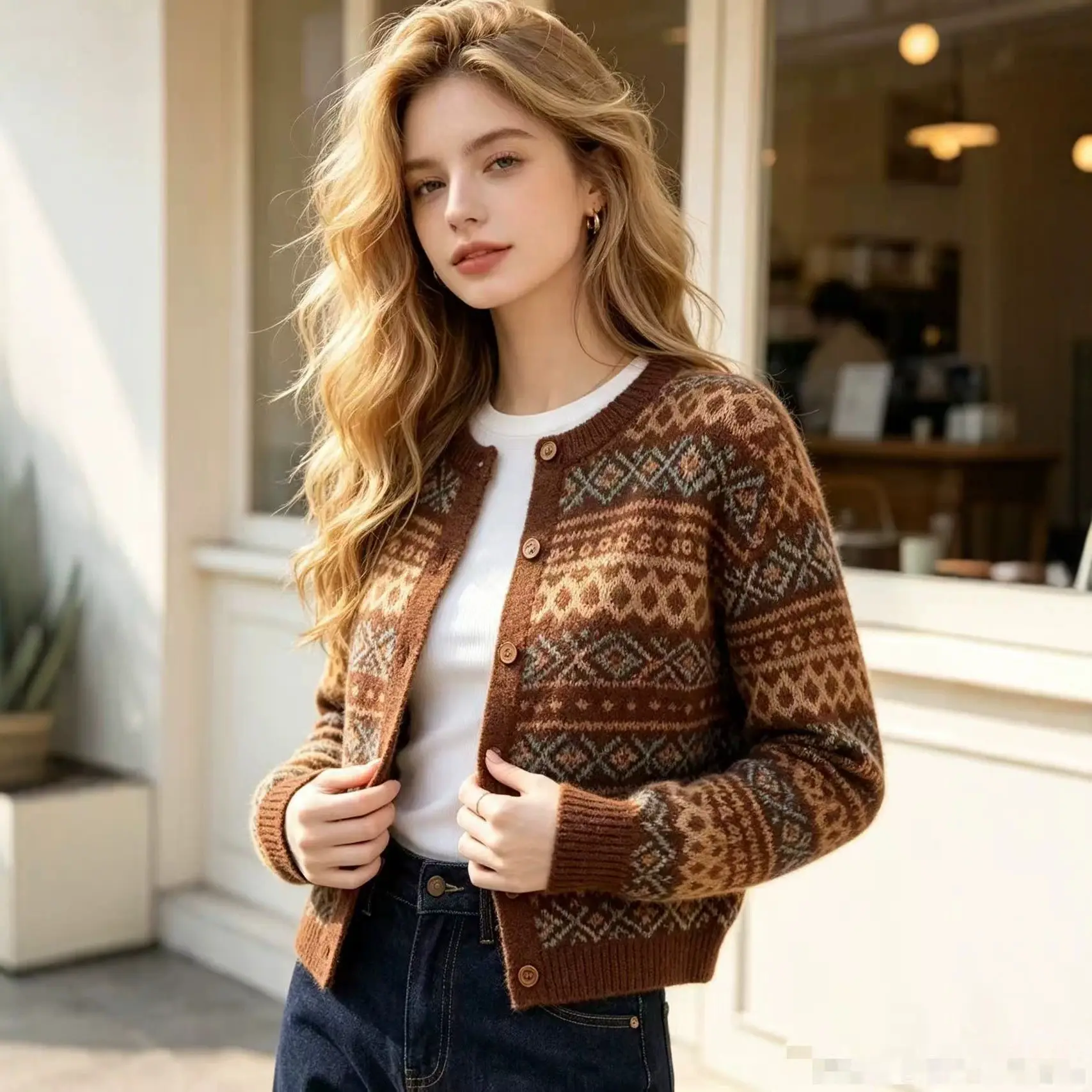 European and American style crew neck knitted cardigan jacket autumn and winter new fashion versatile design sweater women's top Knitwear Womenswear