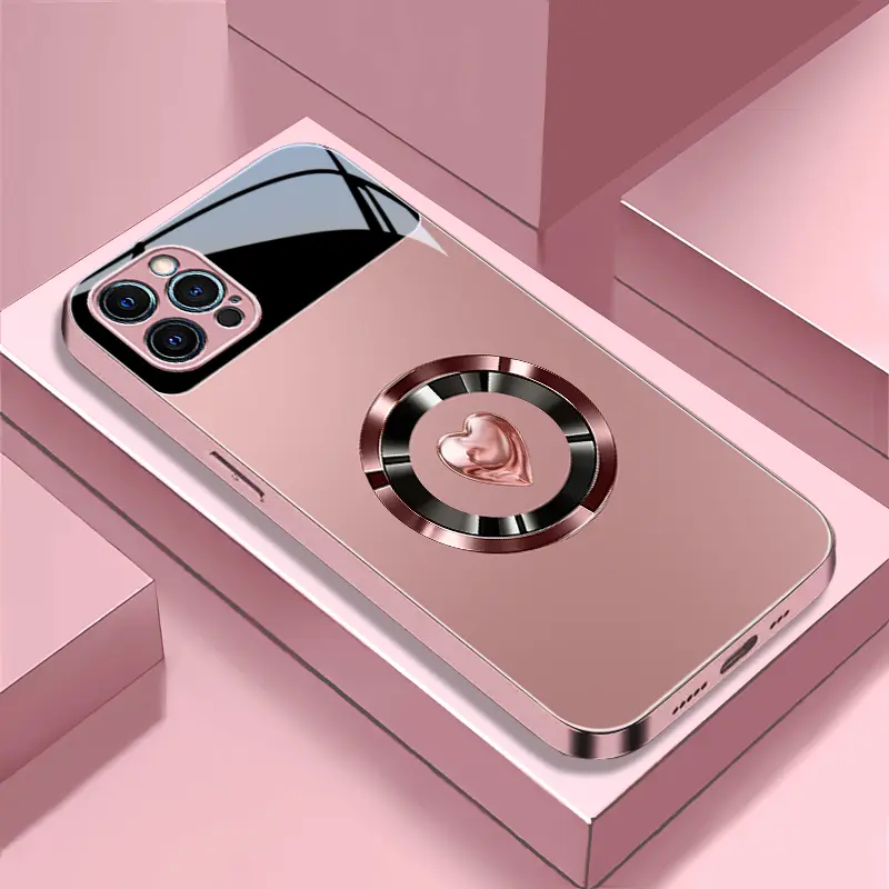 Viral coquette pink love heart glitter cross MagSafe magnetic glass phone case, rose gold glossy electroplated shockproof girly romantic aesthetic cover compatible with iPhone 12 Pro Max—9435
