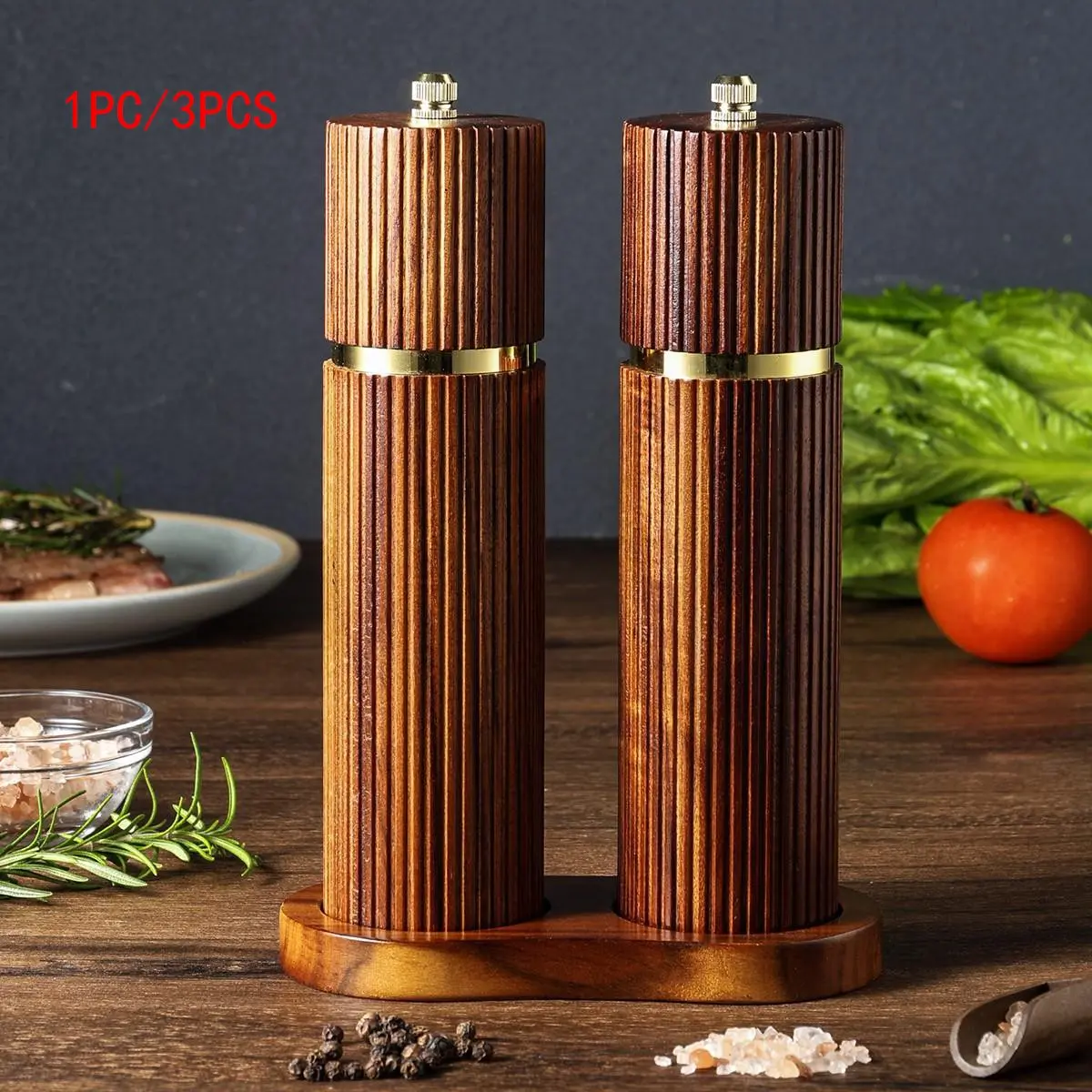Wooden Seasoning Salt and Pepper Grinder Set, Kitchenware, Adjustable Coarseness, Rust-Resistant Spice Bottles, Wooden Base, Perfect Kitchen Gift, 1pc/2pcs/3pcs
