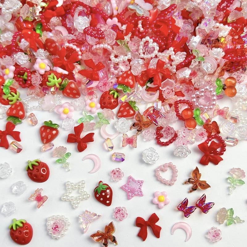 100PCS 3D Creative Strawberry Bow Cherry Resin Nail Charms Simulated Pearl Heart Transparent Camellia Butterfly Rose Decorations for Women DIY Phone Case Nail Art Supplies