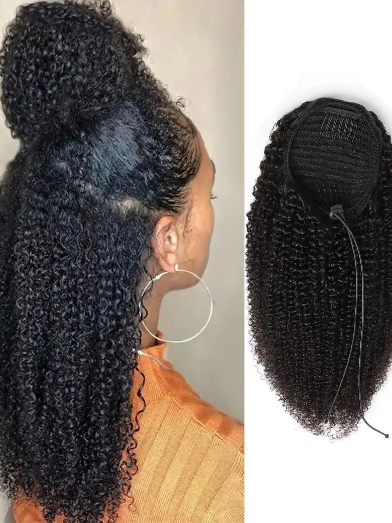 Human Hair Clips In Drawstring Ponytail Long Afro Kinky Curly Drawstring Ponytail For Women 8-26 Inch Black Kinky Curly Ponytail Hair Human Hair Extensions