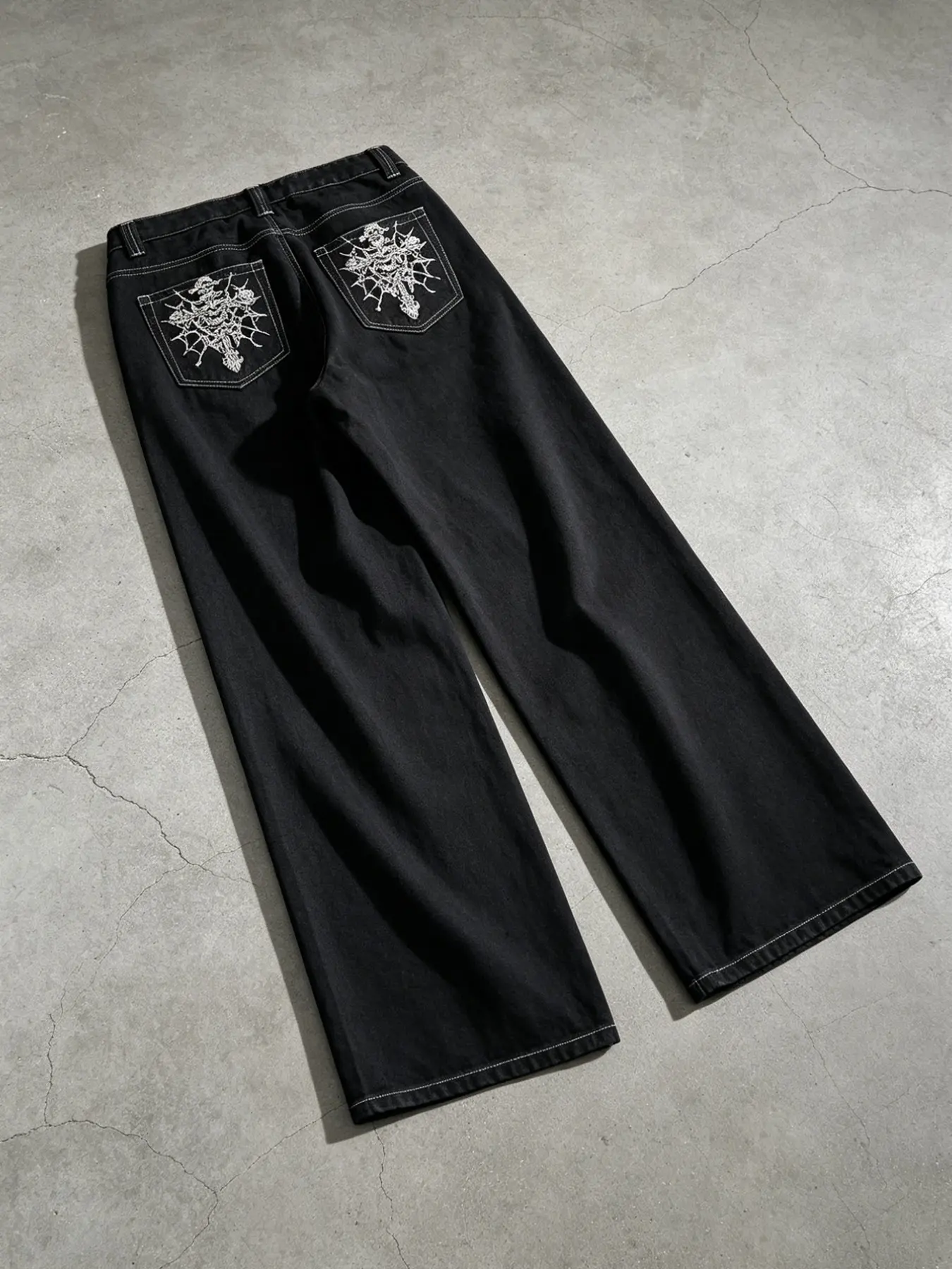High Street American Wide Leg Jeans, Halloween Skull Spider Web Embroidery, Loose Fit Straight Leg Long Pants, All Seasons Street Style