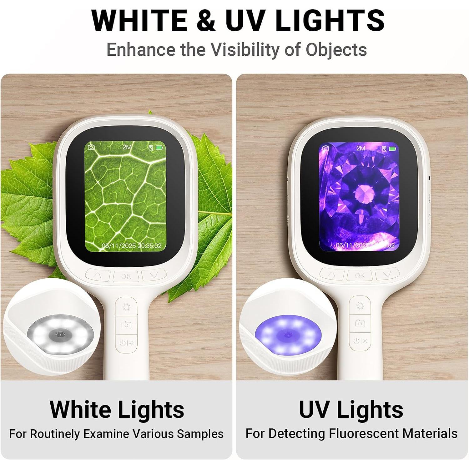 Digital Microscope, Autofocus Handheld Microscope, Magnifier with 2.8" IPS Screen and LEDs, Portable Magnifying Glass, Compatible with /Windows