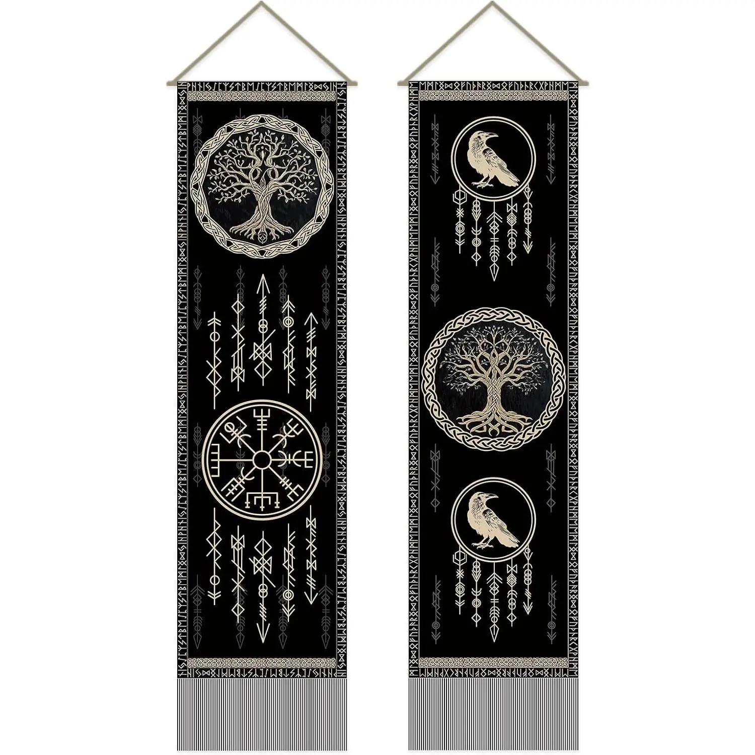 SUPERDANT 2PCS Viking Tapestry Dreamcatcherbols Wall Hanging Tapestries Long Vertical Tassel Tapestry with Pole Ropes for Bedroom Living Room Porch Hallway Home Decoration 45.6x13in Black-Tree of Life