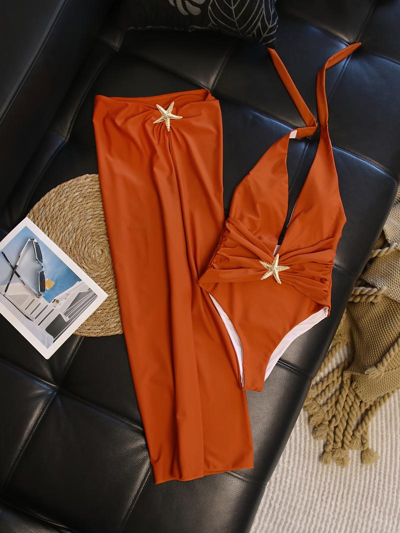 EDOLYNSA Solid Color Starfish Decorated Backless Lace-Up Orange Red One-Piece Swimsuit with High Slit Skirt Two-Piece Set Sexy Swimwear Holiday Pool Party Women's Elegant Bikini Set Fashion 2pcs Bikini Set with Beach Skirt K59