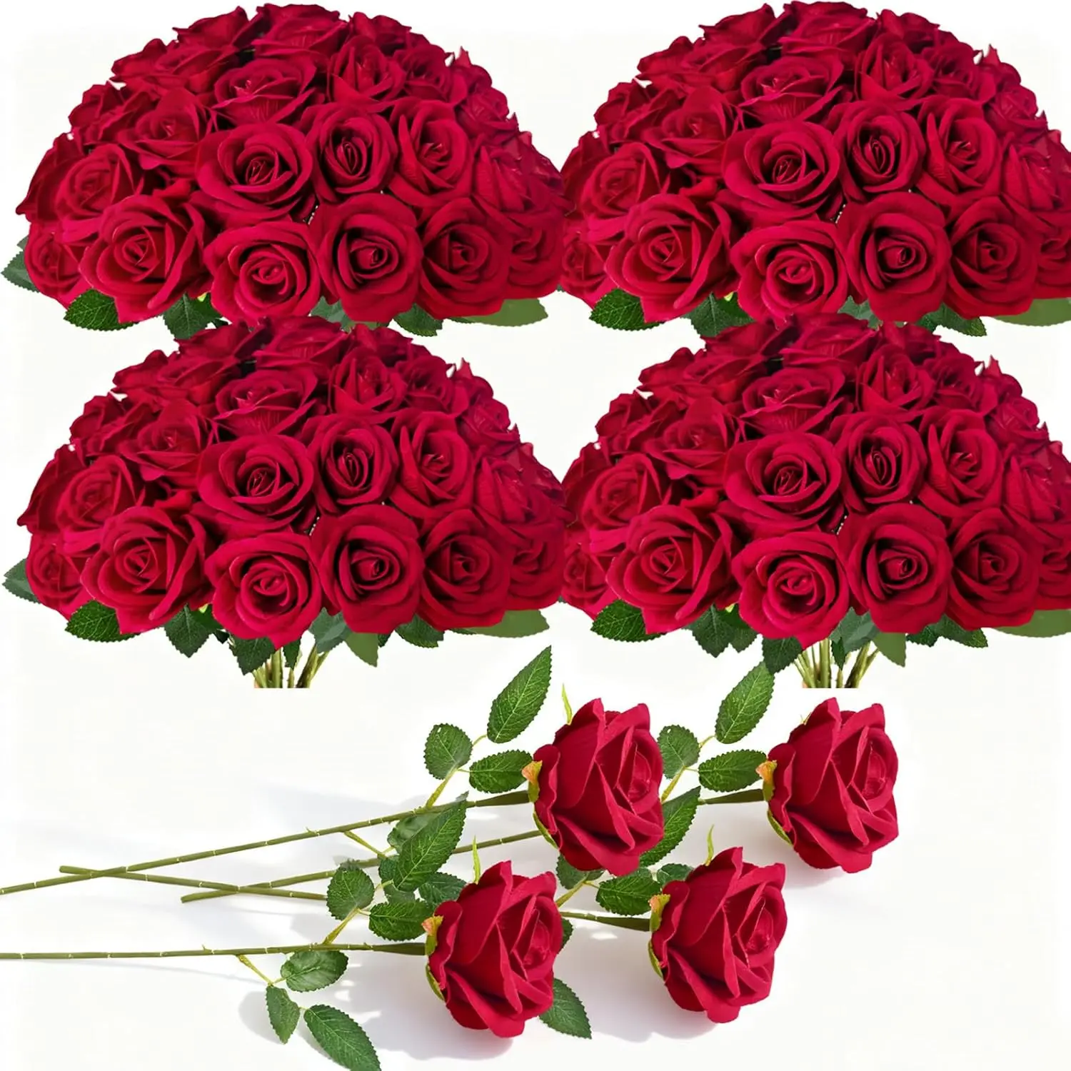 60/120Pcs Red Roses Artificial Flowers with Stems,Fake Roses Bouquet Fake Flowers Bulk,Silk Velvet Roses for Wedding Centerpieces Arrangement Baby Shower Birthday Home Decor Gifts