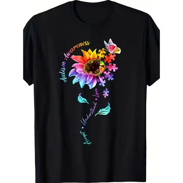 Men's Autism Awareness Sunflower & Puzzle Piece T-Shirt - Retro Casual Short Sleeve Tee with Autism Symbol Graphic, Comfortable Casual Attire for Supportive Casual Outfits