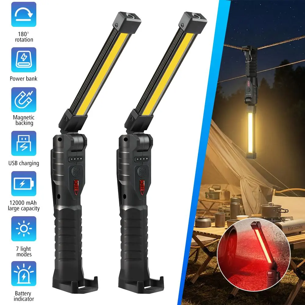 2-Pack Rechargeable LED Work Flashlights - 12000mAh Power Bank, 180° Rotatable Magnetic Base, Hook, 7-Mode COB USB Light, Battery Indicator, Portable Folding Torch for Car Repair, Camping