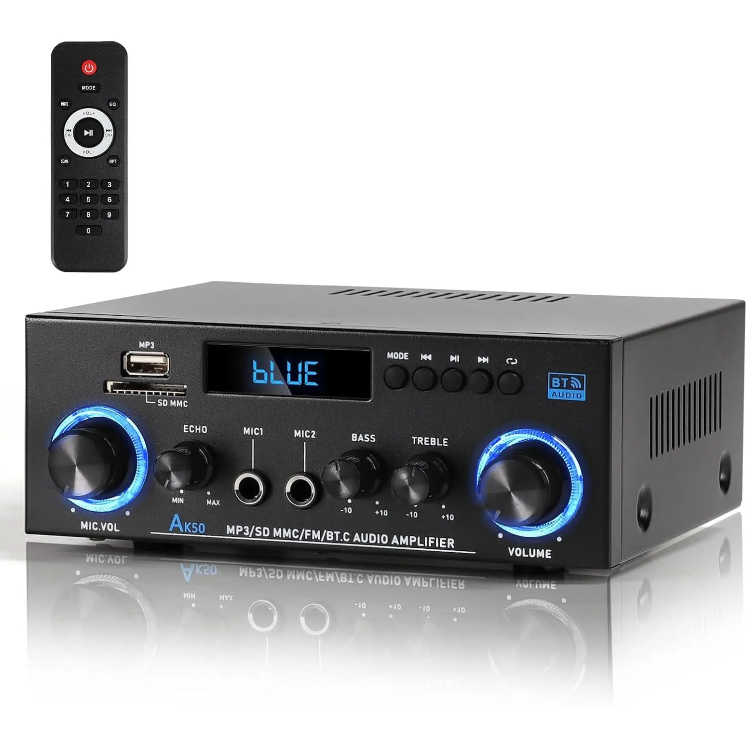 AK50  Audio Amplifier,400W  2.0  Stereo Receiver with  5.0, Subwoofer Output,FM Radio,USB/SD/AUX,MIC in for Passive Speakers