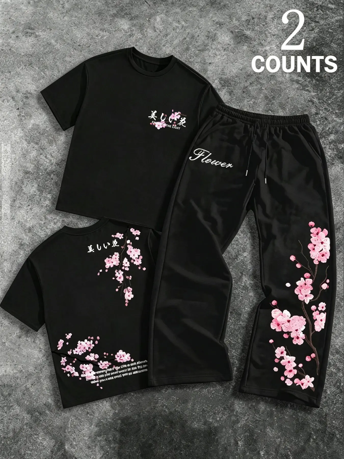 Men's Casual Stylish Short Sleeve Round Neck Long Pants Set, Cherry Blossom Pattern Sports, Japanese Aesthetic T-Shirt and Pants Combo, Harajuku Streetwear