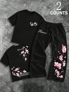Men's Casual Short Sleeve Long Pants Set, Cherry Blossom Pattern Sports, Japanese Aesthetic T-Shirt and Pants Combo, Harajuku Streetwear