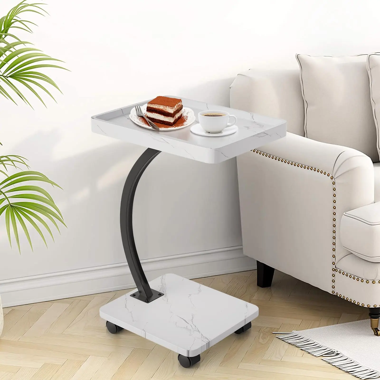 Height Adjustable C-Shape Side Table with Wheels, 360° Swivel Rolling End Table for Sofa & Bed, Mobile Laptop Desk with 2-Tier Storage Shelves, Space-Saving Nightstand for Living Room & Bedroom, 50lbs Capacity, Easy Assembly, Walnut