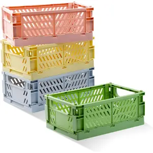 4 Pack Pastel Plastic Folding Storage Crates, Colorful Small Folding Storage Basket Containers, Drawer Organizer for Bedroom Office Classroom Bathroom Desktop Decor (9.8x6.5x3.8inch)