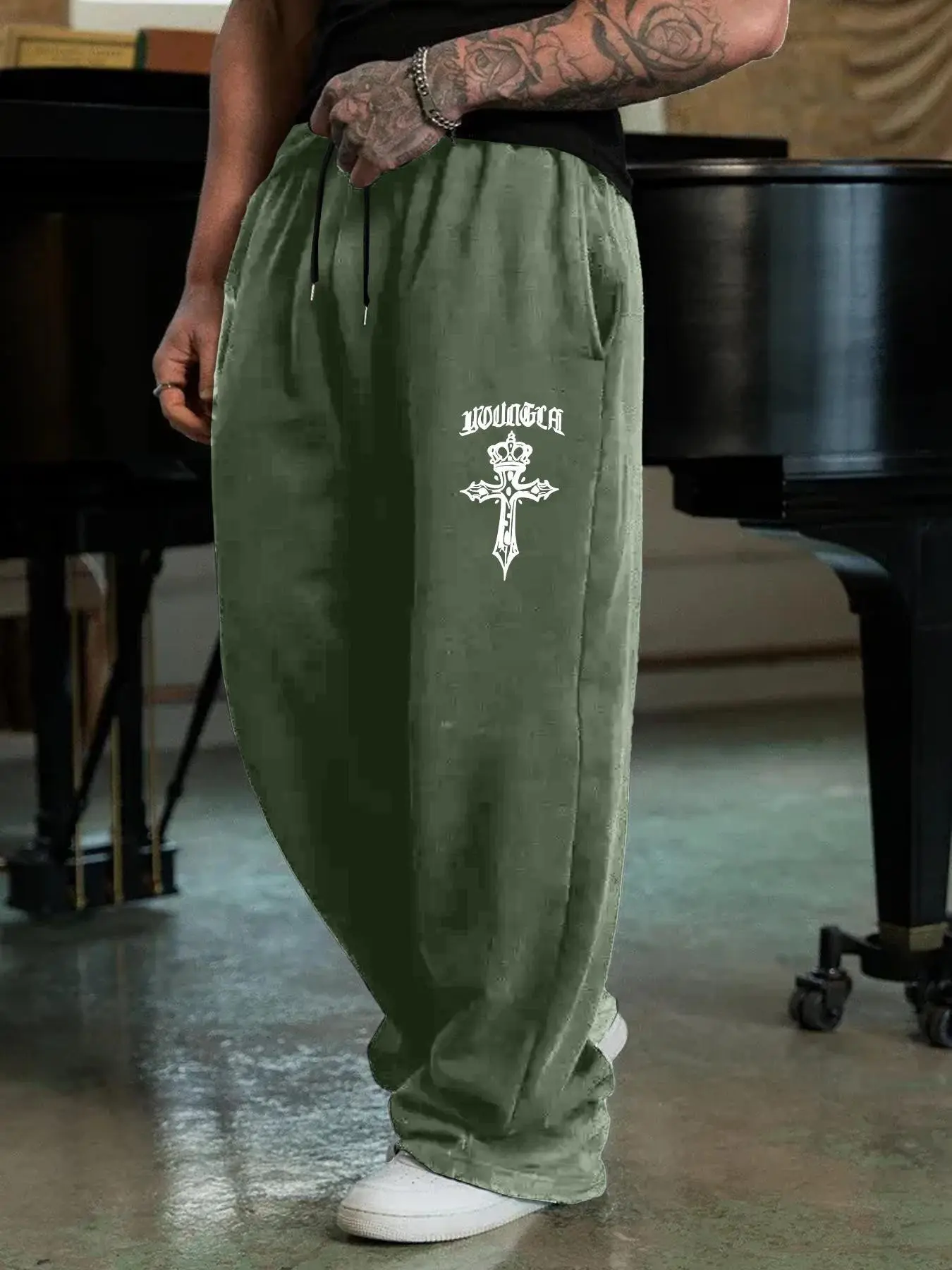 Men's Street Style Drawstring Sports Pants, High-Street Crown Cross Letter Print, Loose-Fit Casual Trousers, Comfortable Daily Wear