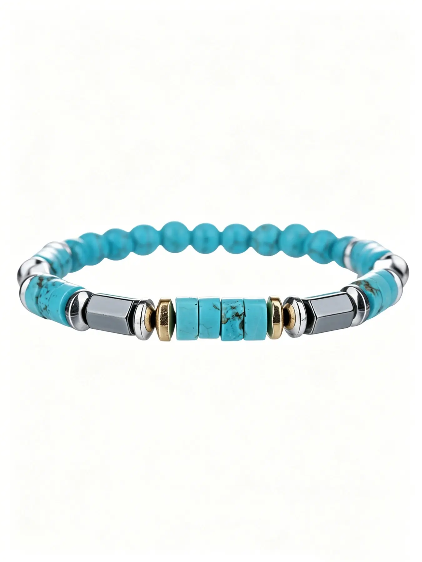 1PC Men's Turquoise & Hematite Beaded Bracelet, Bohemian Western Style Stretch Jewelry, Natural Stone Healing Bracelet, Daily Wear Stackable Accessory, Perfect Gift for Men, Stackable Boho Bracelets