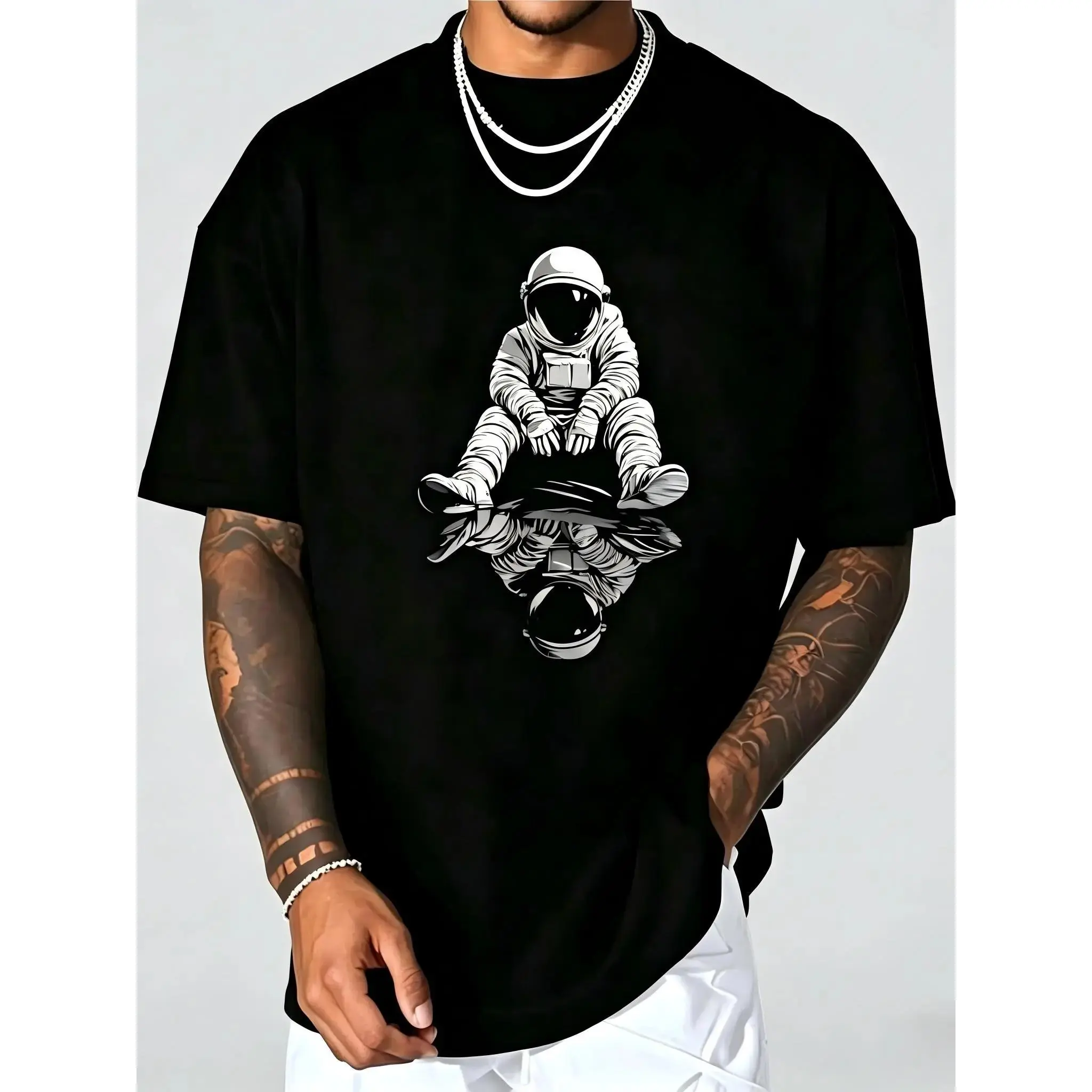 Men's Astronaut Graphic Cotton T-Shirt - Casual Crew Neck Short Sleeve, Soft Smooth Menswear, Breathable All-Season Top, Great Birthday Gift for Space Lovers, Outdoor Streetwear, Machine Washable, Tshirt