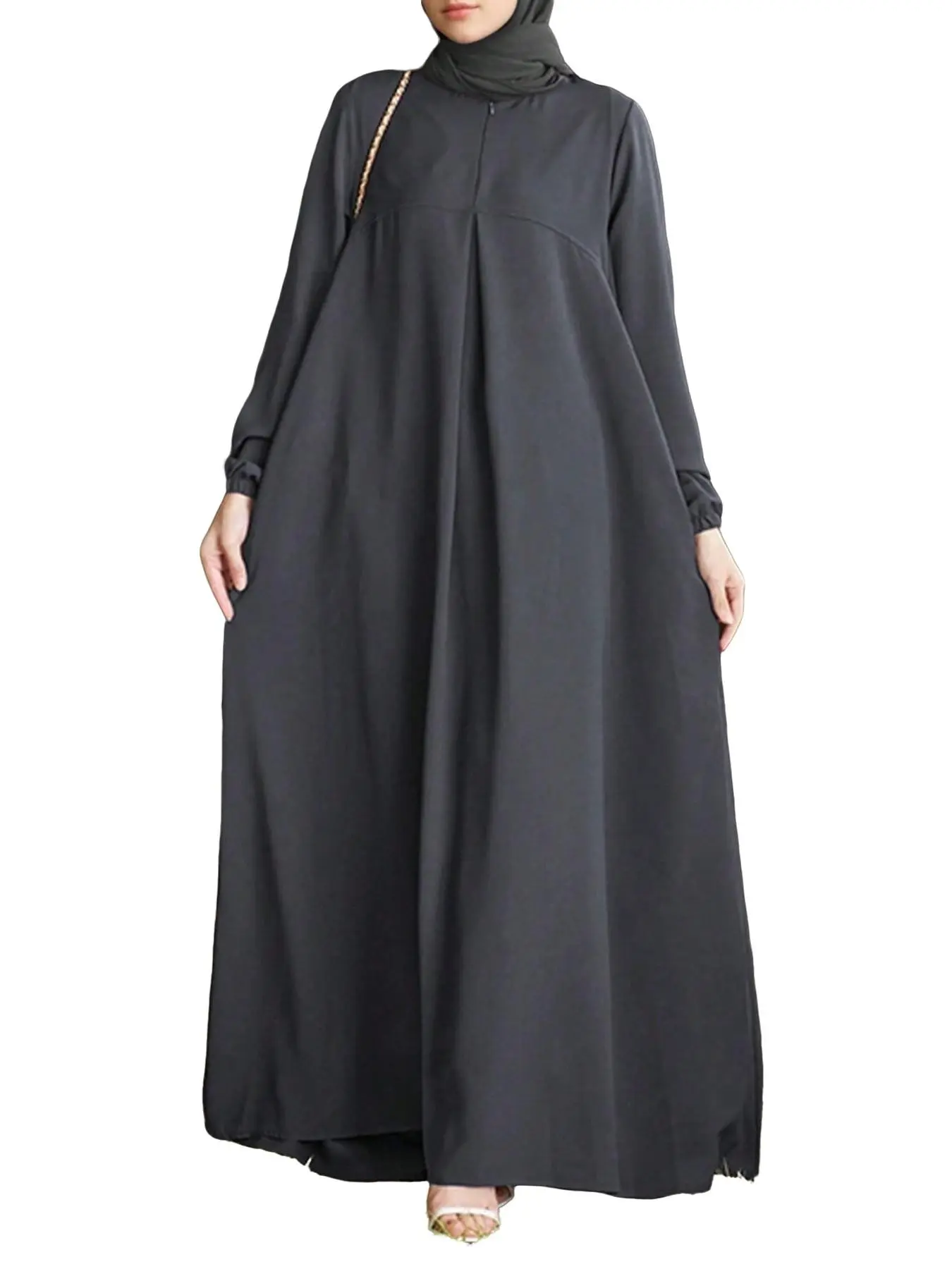 Muslim Abaya Dress, Modest Islamic Abaya, Solid Color Half Open Front Elastic Sleeve Loose Long Dress, Breathable Simple Design, Middle Eastern Muslim Women